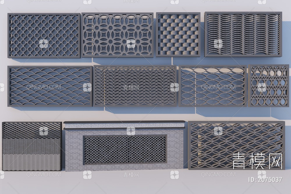 瓦片围墙景墙组合3D模型下载【ID:2075037】