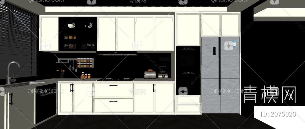 厨房 奶油厨房 冰箱 烤箱SU模型下载【ID:2075020】