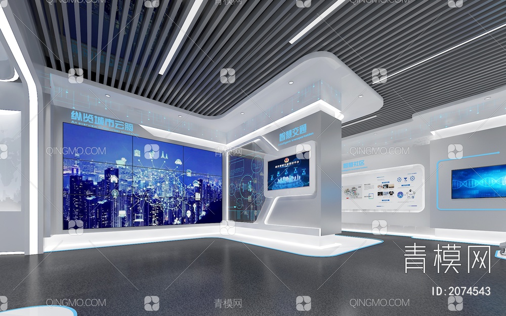 智慧城市展厅 LED拼接大屏 互动触摸屏 三联屏 医疗设备3D模型下载【ID:2074543】