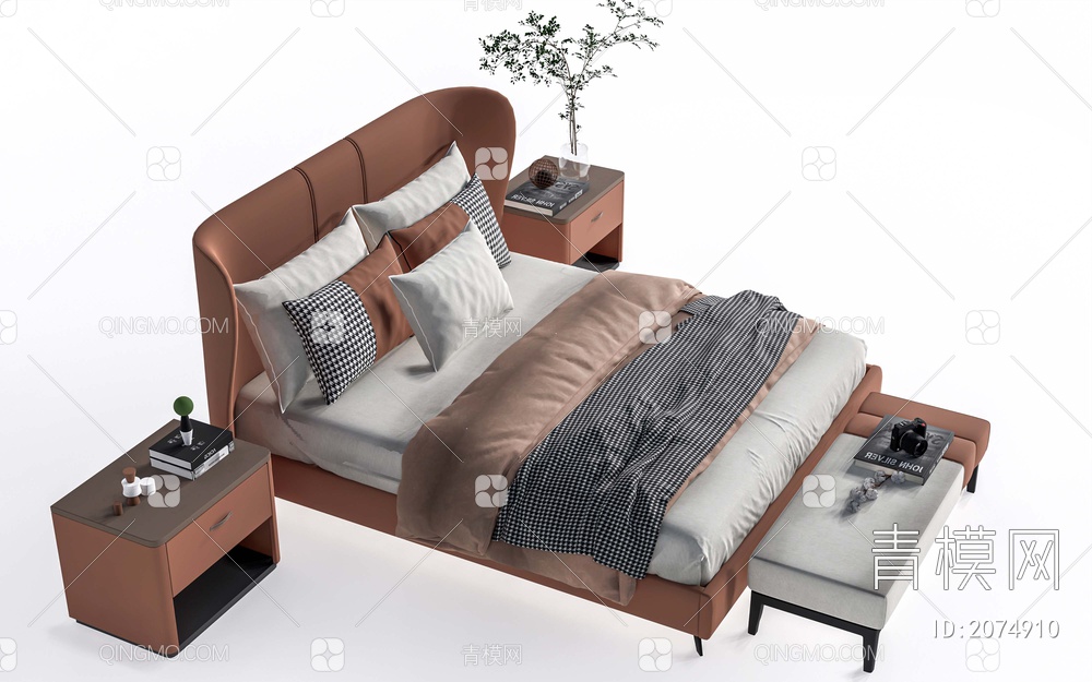 卧室大床 双人床 床头柜SU模型下载【ID:2074910】