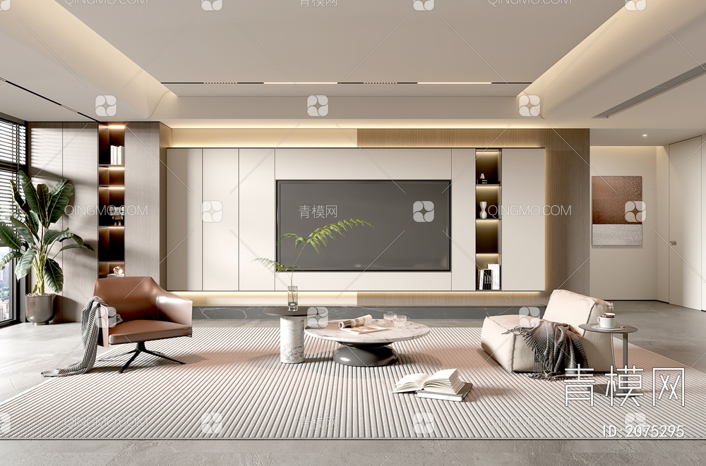 家居客厅 电视背景墙 客厅 茶几组合 沙发 电视柜 极简客厅3D模型下载【ID:2075295】