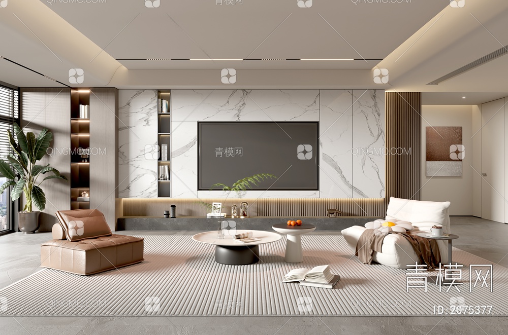 家居客厅 电视背景墙 客厅 茶几组合 沙发 电视柜 极简客厅3D模型下载【ID:2075377】