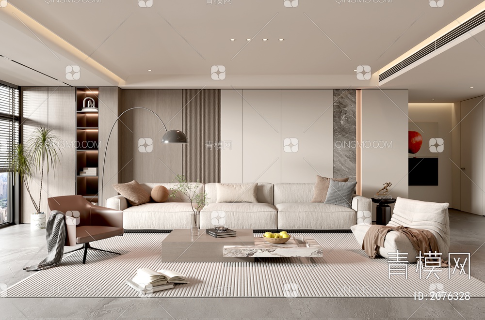 家居客厅 客厅 茶几组合 沙发背景墙 落地灯 极简客厅3D模型下载【ID:2076328】