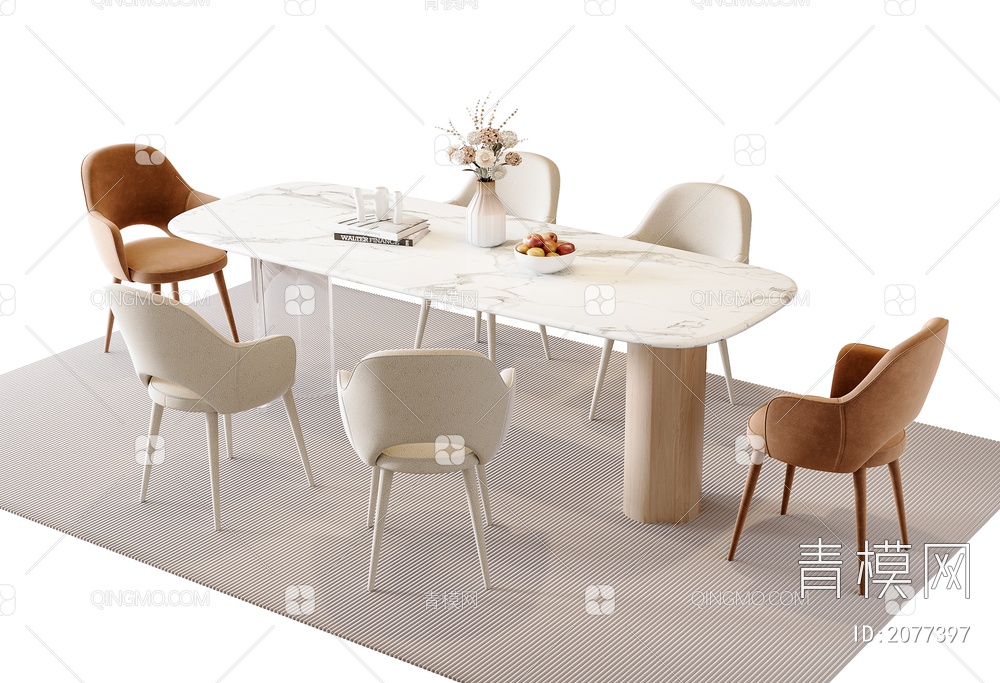 奶油风餐桌椅组合SU模型下载【ID:2077397】