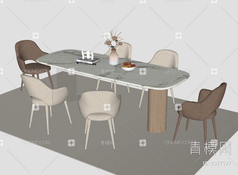 奶油风餐桌椅组合SU模型下载【ID:2077397】