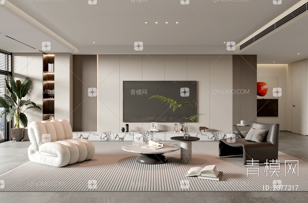 家居客厅 电视背景墙 客厅 茶几组合 沙发 电视柜 极简客厅3D模型下载【ID:2077317】