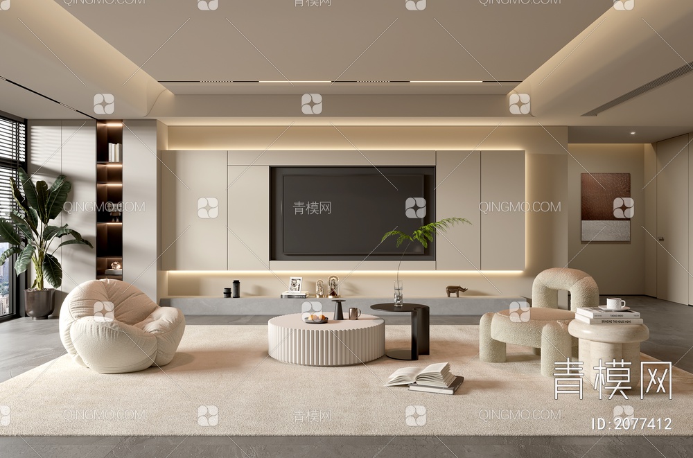 奶油家居客厅 电视背景墙 客厅 茶几组合 沙发 电视柜 奶油风3D模型下载【ID:2077412】