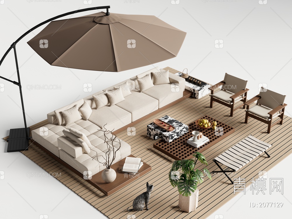 户外沙发茶几组合 庭院沙发休闲椅 遮阳伞3D模型下载【ID:2077129】