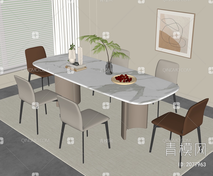 奶油风餐桌椅组合SU模型下载【ID:2077963】