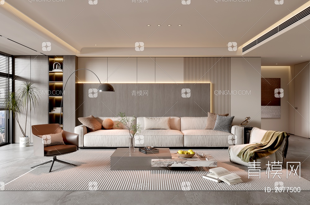 家居客厅 客厅 茶几组合 沙发背景墙 落地灯 极简客厅3D模型下载【ID:2077500】