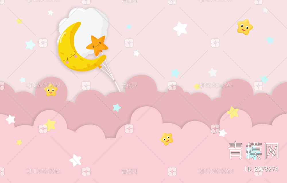 儿童可爱卡通粉色浪漫星星月亮贴图下载【ID:2078274】