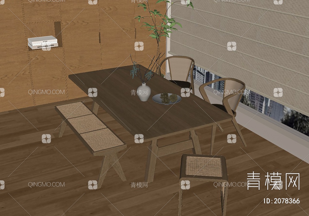 原木餐桌椅组合SU模型下载【ID:2078366】