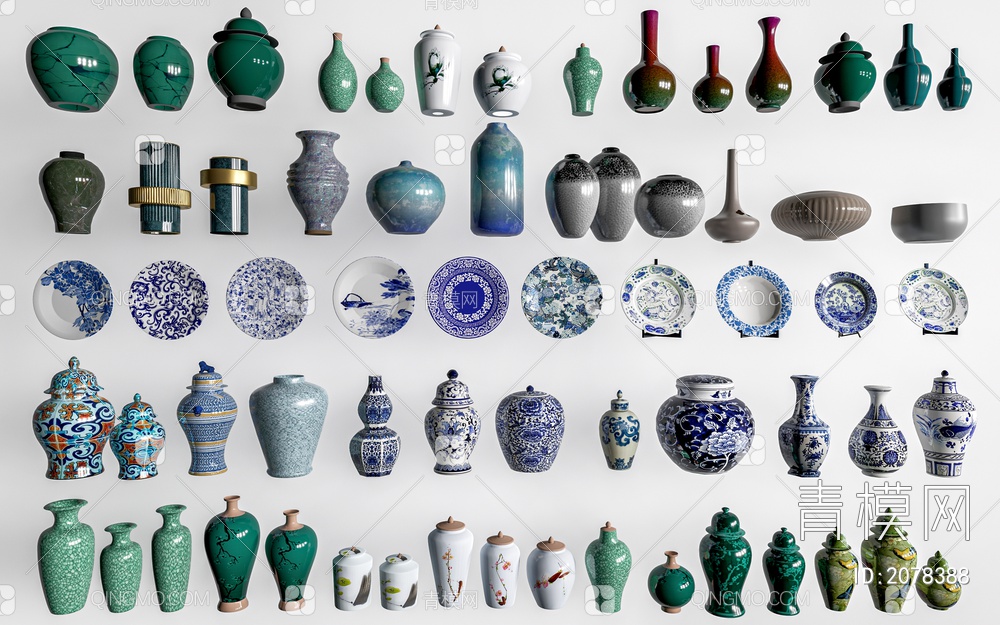 陶瓷器皿装饰陶瓷瓶组合SU模型下载【ID:2078388】