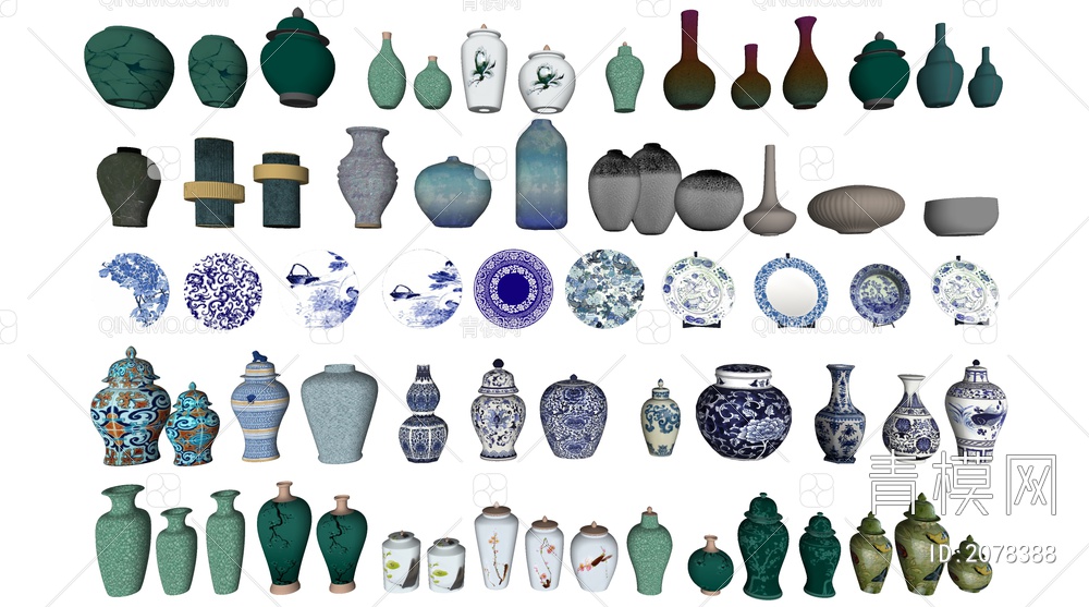 陶瓷器皿装饰陶瓷瓶组合SU模型下载【ID:2078388】