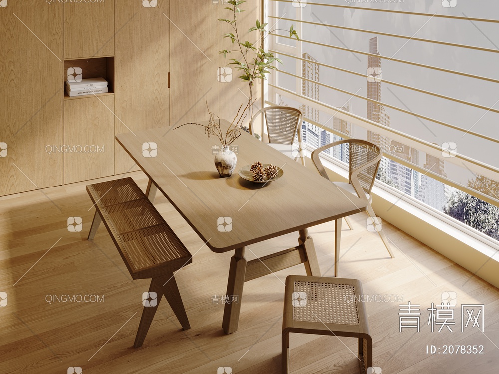 餐桌椅组合 绿植 餐桌椅 长方形 四人3D模型下载【ID:2078352】
