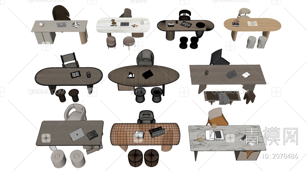 书桌椅 办公桌 书桌椅SU模型下载【ID:2078486】