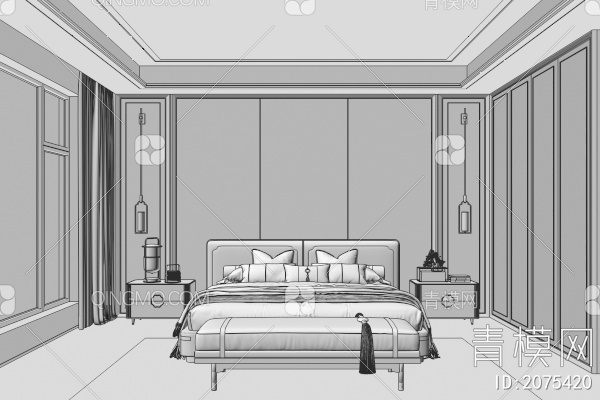 卧室 床头背景墙3D模型下载【ID:2075420】