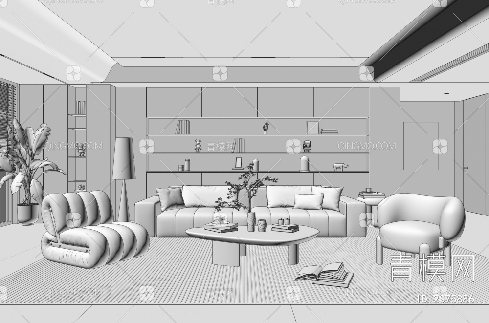 客厅 沙发茶几组合 单人沙发 多人沙发 凳子 落地灯 盆栽3D模型下载【ID:2075886】