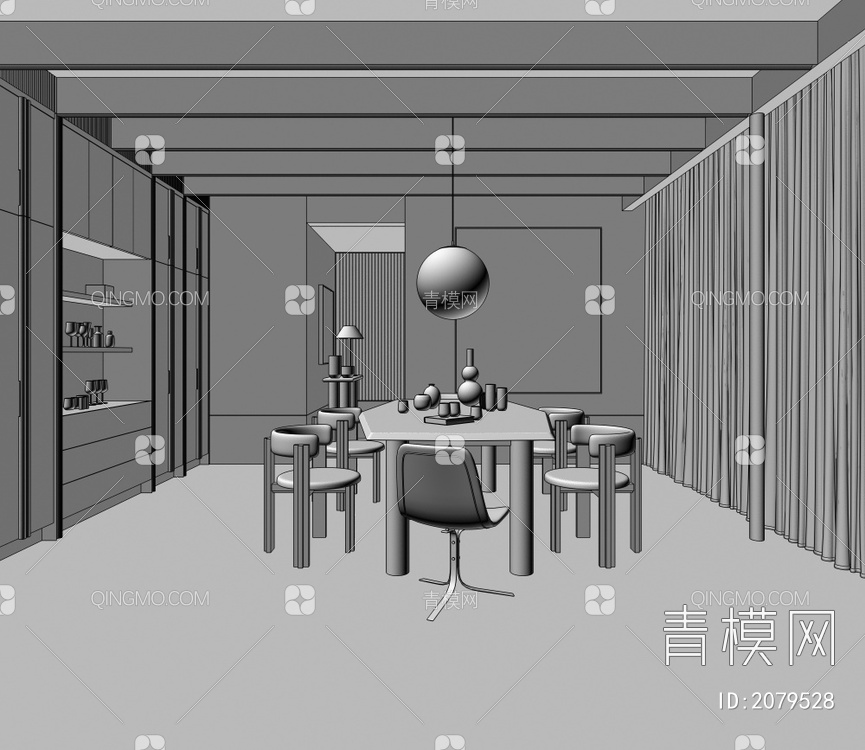 餐厅 餐桌椅 挂画 吊灯 酒柜3D模型下载【ID:2079528】