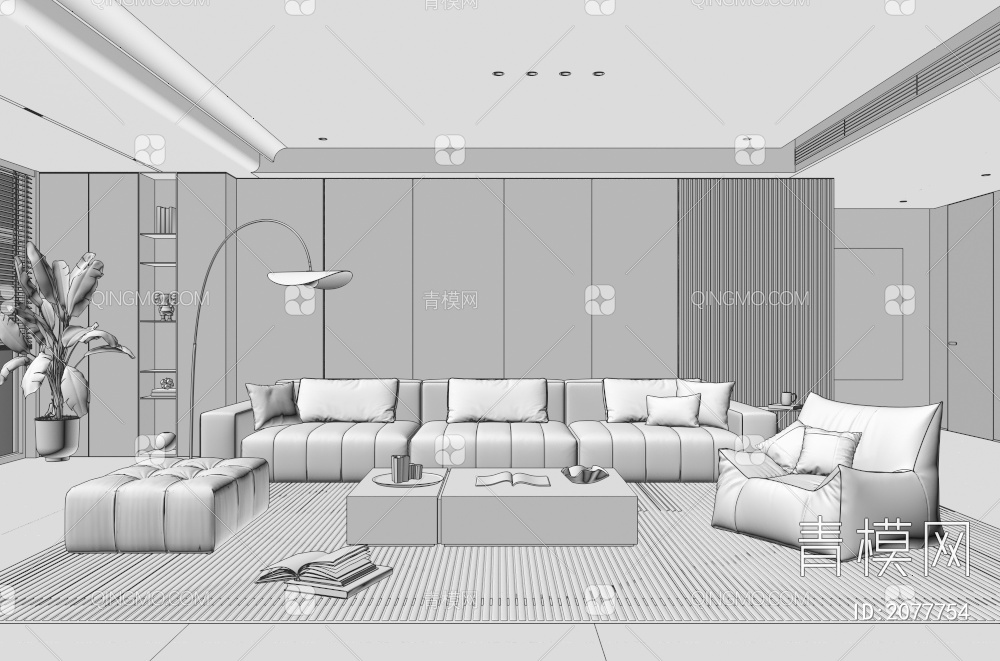 家居客厅 客厅 茶几组合 沙发背景墙 落地灯 极简客厅3D模型下载【ID:2077754】