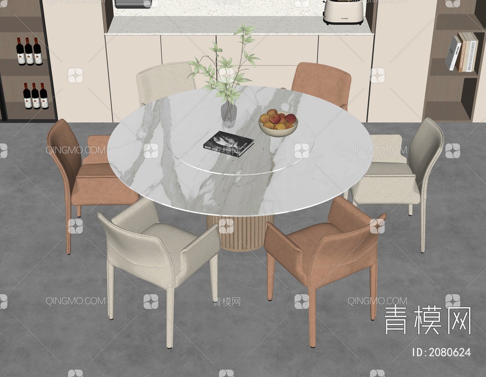 奶油风餐桌椅组合SU模型下载【ID:2080624】