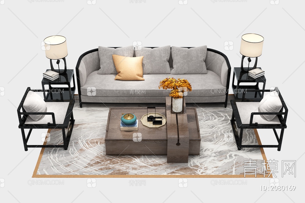 沙发茶几组合  地毯 单椅 台灯柜子  摆件3D模型下载【ID:2080169】