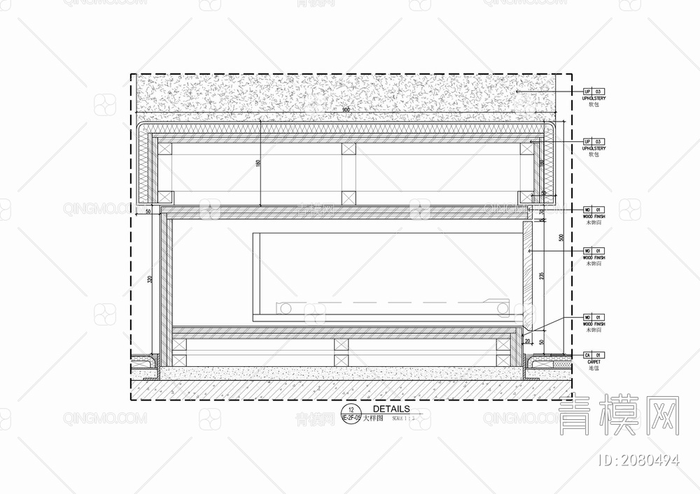 墙面格栅造型软包坐凳施工详图 方通格栅 造型墙面 木格栅 抽屉【ID:2080494】