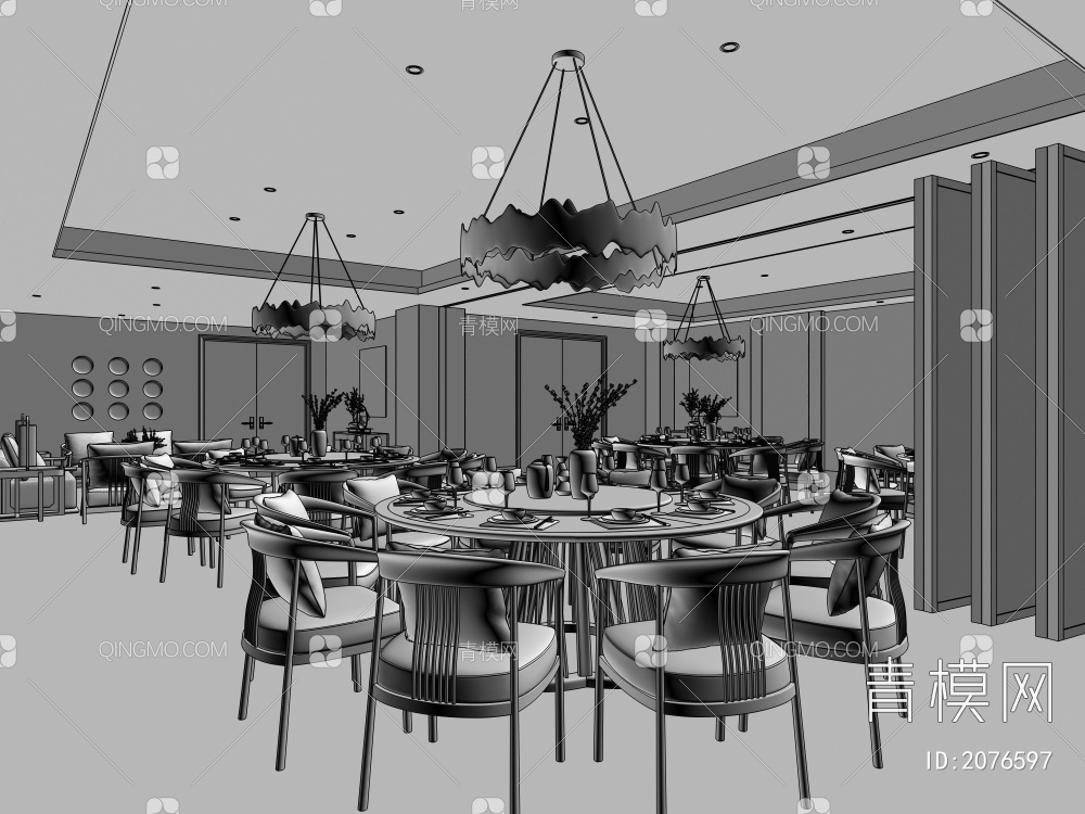 餐厅包厢 餐桌椅 沙发 茶几 吊灯 台灯 屏风 边几 挂件 挂画3D模型下载【ID:2076597】