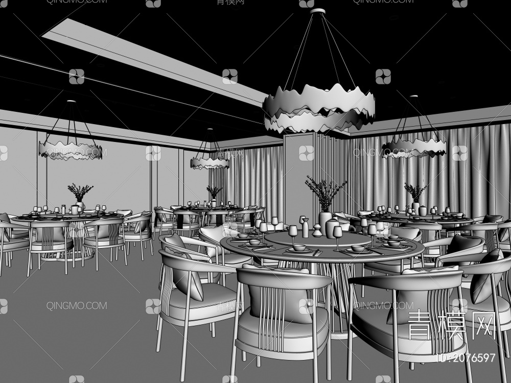 餐厅包厢 餐桌椅 沙发 茶几 吊灯 台灯 屏风 边几 挂件 挂画3D模型下载【ID:2076597】