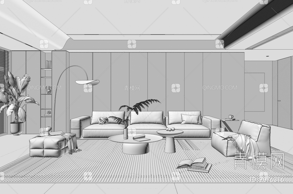 家居客厅 客厅 茶几组合 沙发背景墙 落地灯 极简客厅3D模型下载【ID:2076316】