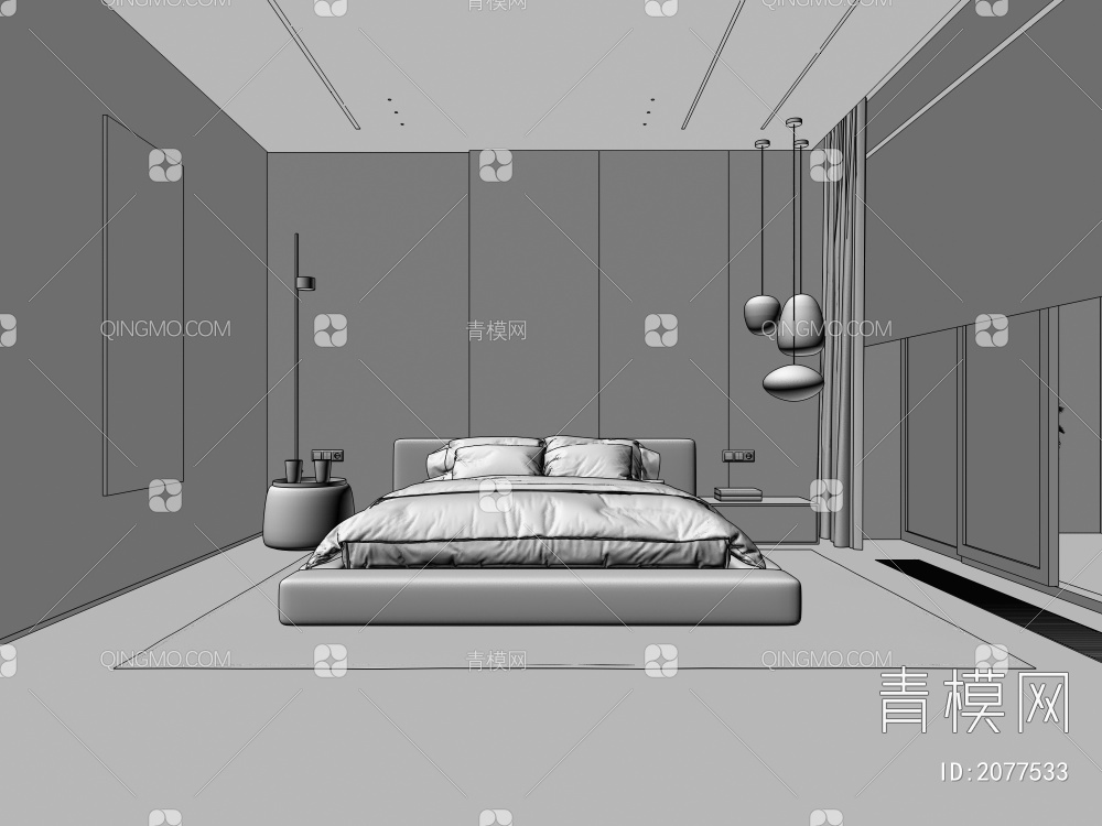 卧室 床 床头柜 吊灯3D模型下载【ID:2077533】
