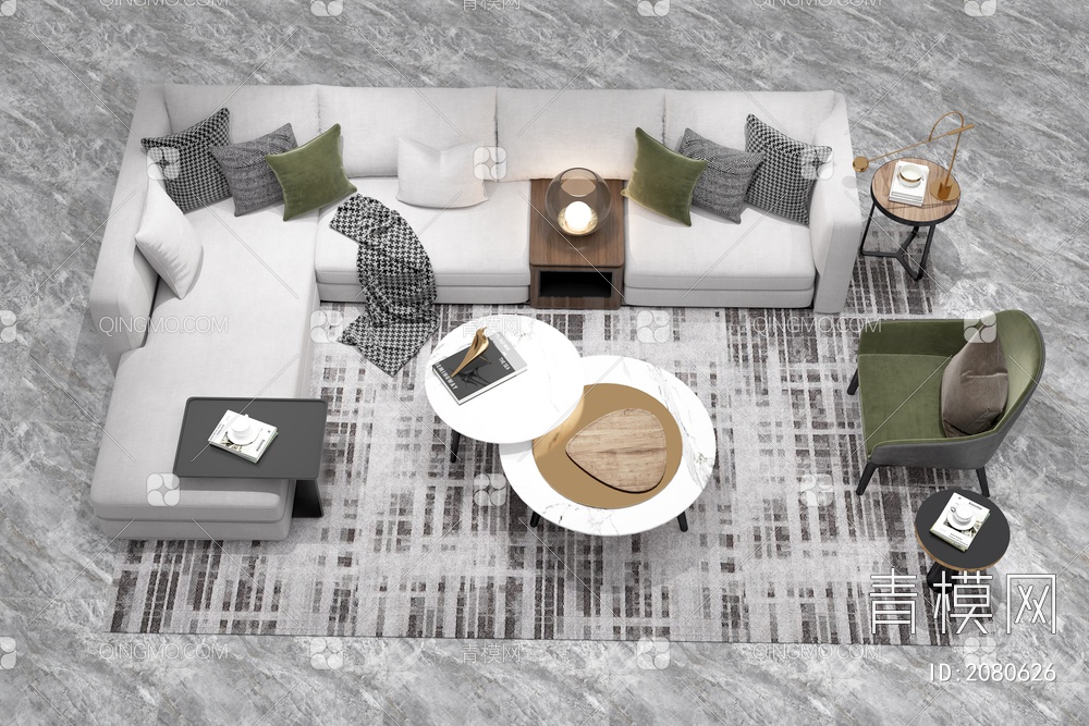 沙发茶几组合  单椅沙发  地毯3D模型下载【ID:2080626】