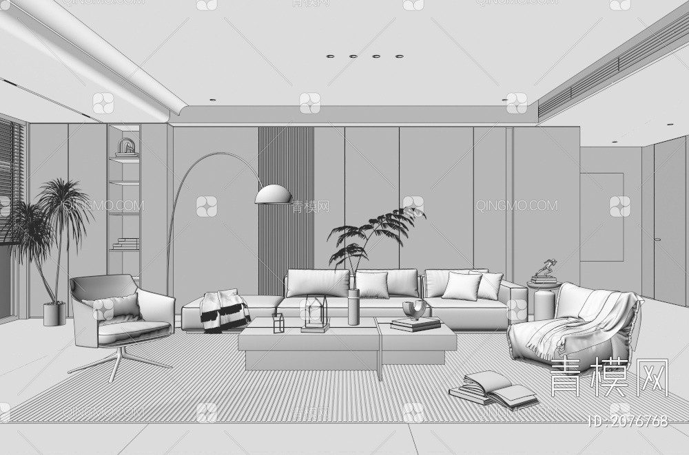 家居客厅 客厅 茶几组合 沙发背景墙 落地灯 极简客厅3D模型下载【ID:2076768】