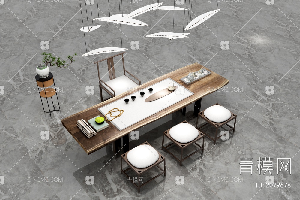 茶桌椅组合 椅子 吊灯 绿植3D模型下载【ID:2079678】