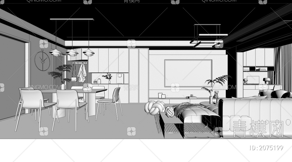 黑白灰客餐厅3D模型下载【ID:2075199】