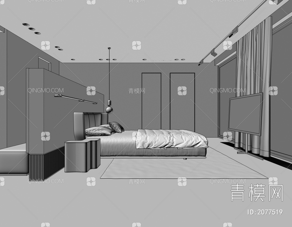 卧室 床 床头柜 吊灯 装饰镜 电视3D模型下载【ID:2077519】