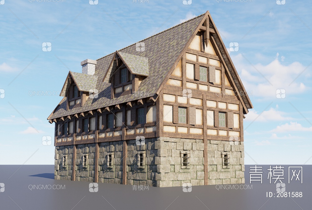 坡屋顶建筑3D模型下载【ID:2081588】
