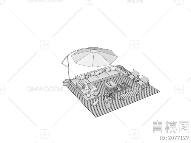 户外沙发茶几组合 庭院沙发休闲椅 遮阳伞3D模型下载【ID:2077129】