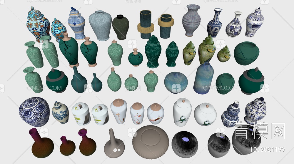 陶瓷器皿装饰陶瓷瓶组合SU模型下载【ID:2081199】