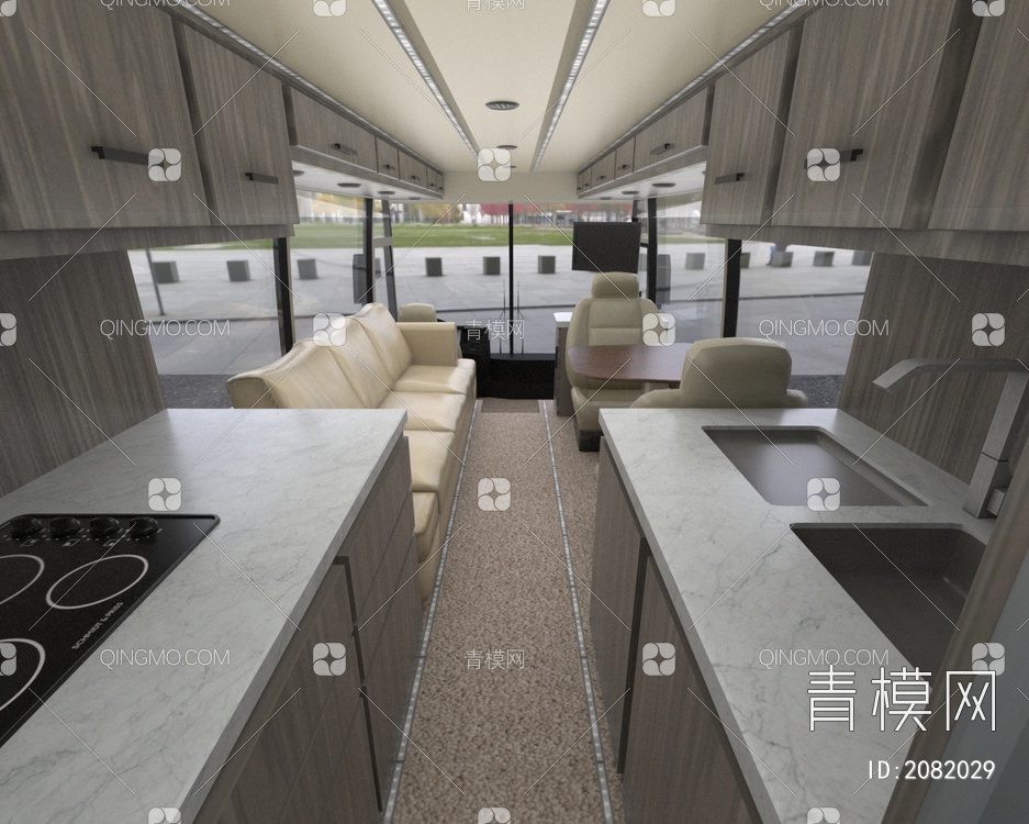 大巴车房车带内饰驾驶室家具床厨具户外露营3D模型下载【ID:2082029】