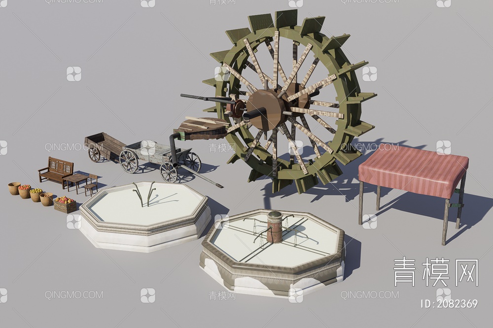 水车、水池、室外配景3D模型下载【ID:2082369】