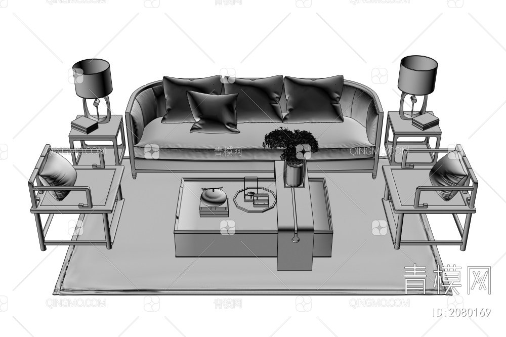 沙发茶几组合  地毯 单椅 台灯柜子  摆件3D模型下载【ID:2080169】