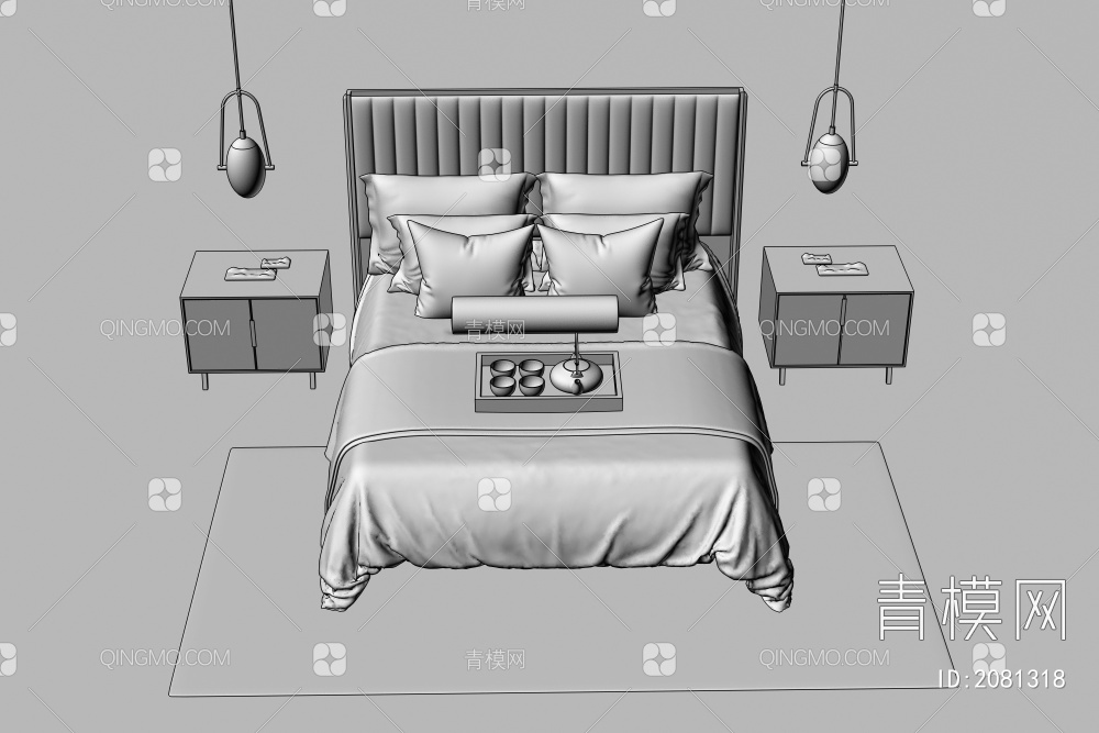 床 床头柜 吊灯 地毯3D模型下载【ID:2081318】