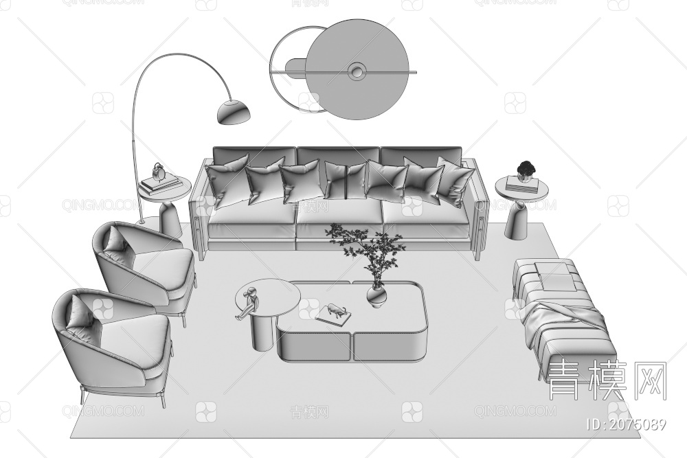 沙发茶几组合 单人沙发椅  多人沙发  挂件  地毯3D模型下载【ID:2075089】