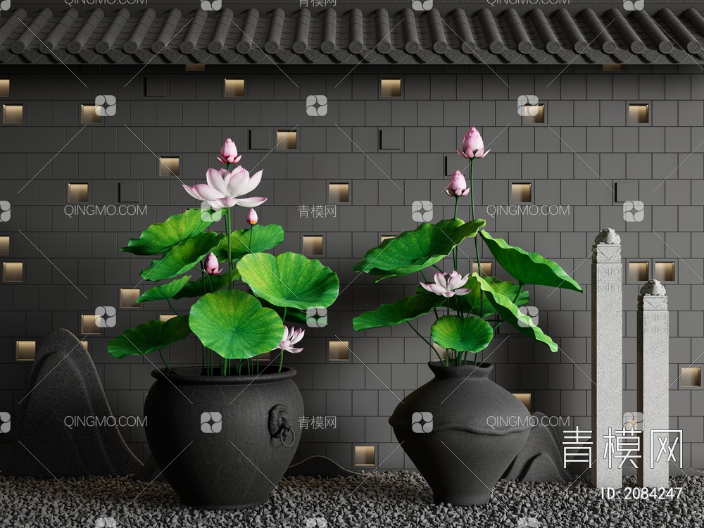 荷花 水景 荷花水缸水生植物拴马桩3D模型下载【ID:2084247】