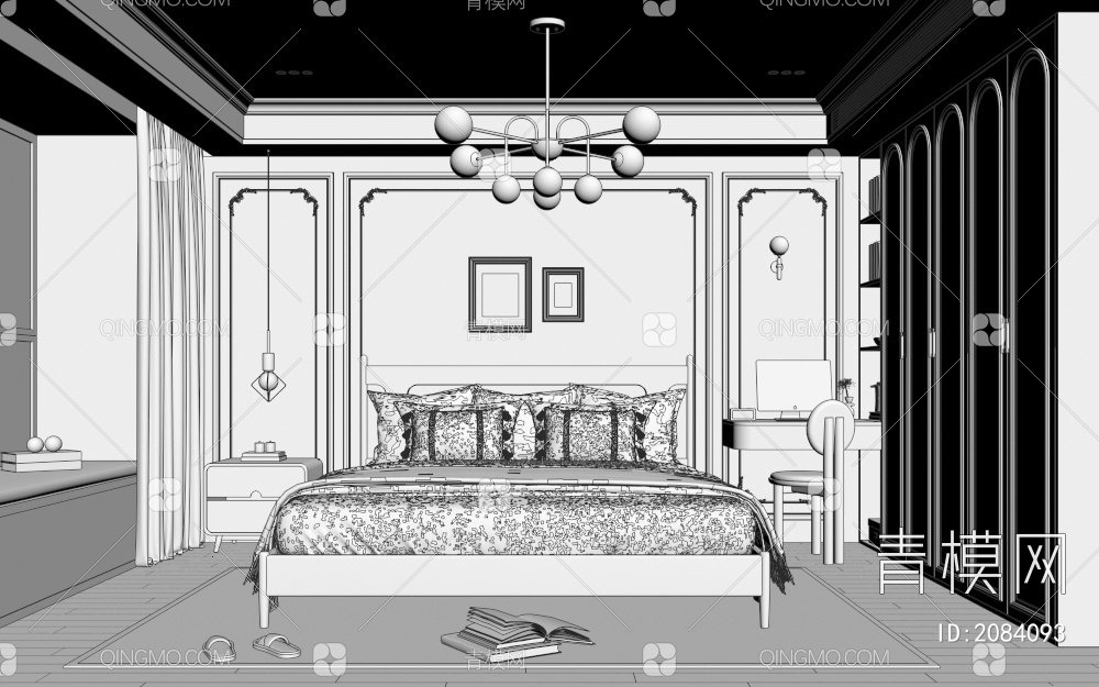 卧室 床 壁灯 吊灯 挂画 书桌3D模型下载【ID:2084093】