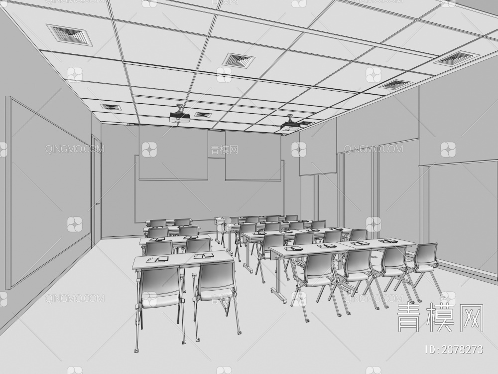教室 培训室 教桌椅组合 培训班 课桌 讲台 智慧教室3D模型下载【ID:2078273】