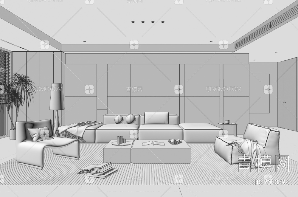 家居客厅 茶几组合 沙发背景墙 落地灯 极简客厅3D模型下载【ID:2083598】