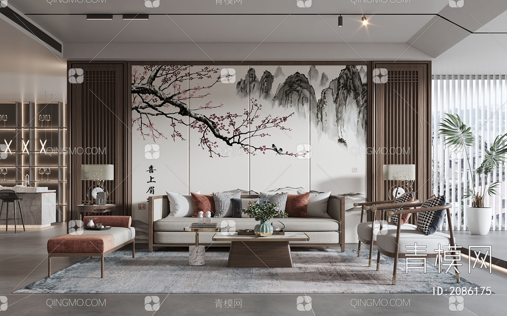 客厅 沙发茶几组合 背景墙3D模型下载【ID:2086175】