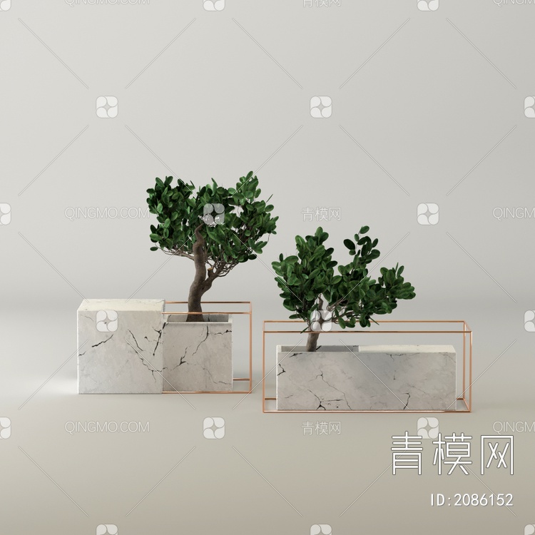 大理石花盆 盆栽 花瓶摆件 陈设3D模型下载【ID:2086152】